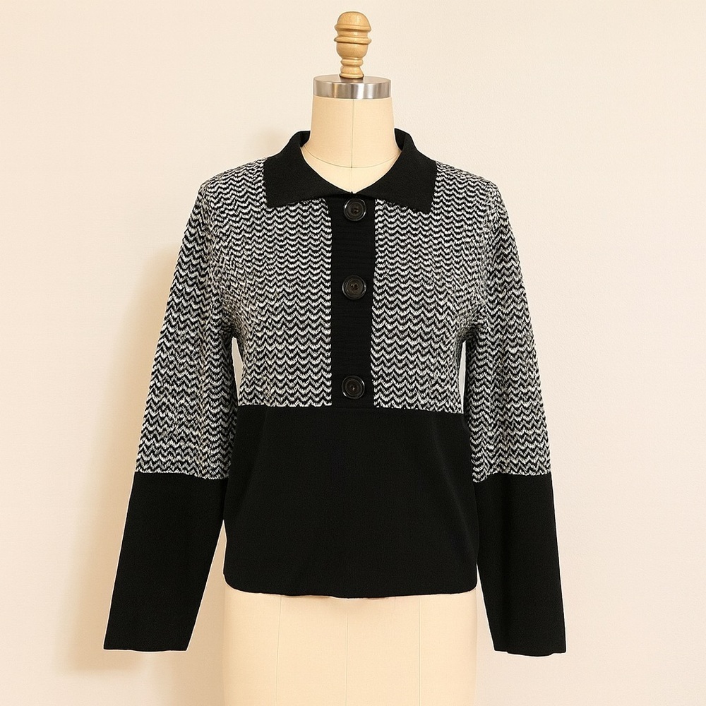 Vtg Paola Davoli Chevron Black Collared Collared Sweater Made in Italy L